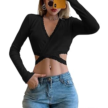 Women's Sexy Lace Crop Tops Deep V Neck Long Sleeve Cross